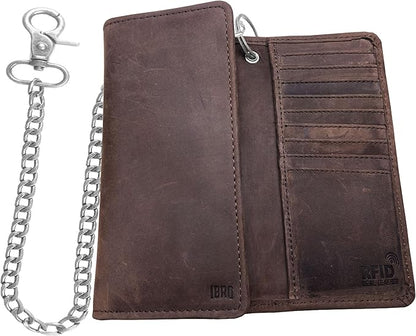 IBRO VINTAGE Motorcycle Chain Wallet for Men – Premium Cowhide Leather, RFID Tri-Fold Biker Wallet with Heavy Duty Chain for Bikers Truckers & Hunters, Credit Card Money Organizer Long Wallet