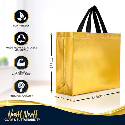 Nush Nush Set of 60 Mix Color Gift Bags In Bulk - 20 Rose Gold, 20 Silver, 20 Gold gift bags With Handles - For Small Business As Goodie Bags, Birthday Gift Bags Large Size, Party Favor Bags - 13X5X11