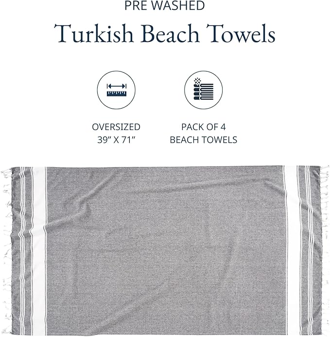 LANE LINEN Beach Towels 4 Pack Oversized - Turkish Towel Set, Pre-Washed Oversized Beach Towel, Quick Dry Beach Towels for Travel, Large Pool Towels, 39"x71" - Smoky Black
