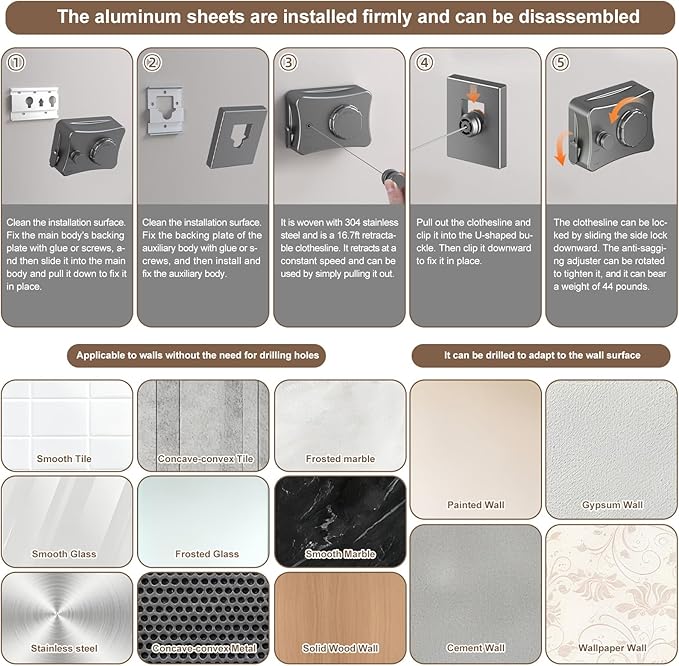 Retractable Clothesline for Outdoor & Indoor Use, 16.73 Ft Heavy Duty Retracting Clothes Line with Single Stainless Steel Rope - Laundry Drying Rack for Bathroom, Outside Areas (Grey)