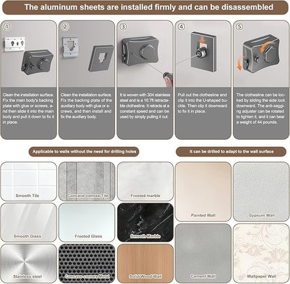 Retractable Clothesline for Outdoor & Indoor Use, 16.73 Ft Heavy Duty Retracting Clothes Line with Single Stainless Steel Rope - Laundry Drying Rack for Bathroom, Outside Areas (Grey)