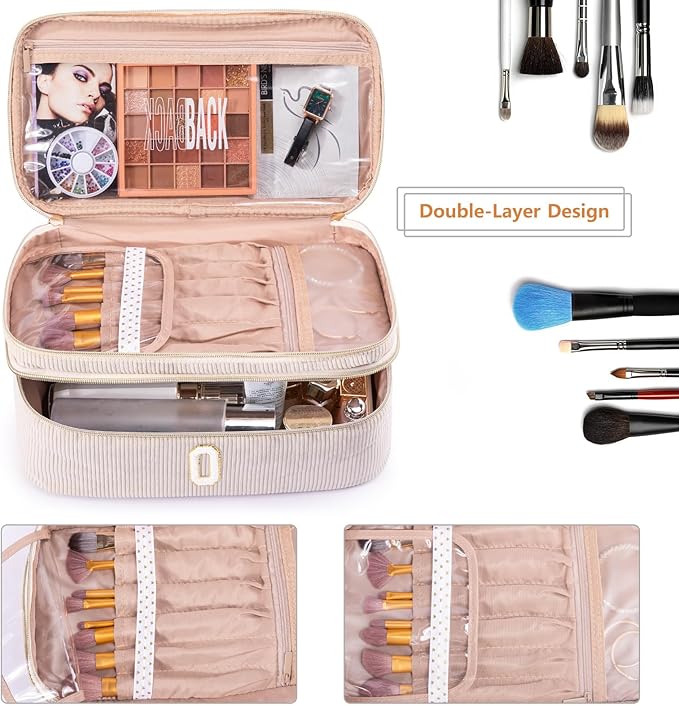 AMOIGEE Initial Makeup Bag Organizer,Personalized Double Layer Train Case, Travel Toiletry Bag for Makeup Brushes for Teens Girl, Skincare Gift Set, Initial Cute Cosmetic Make Up Bag for Women