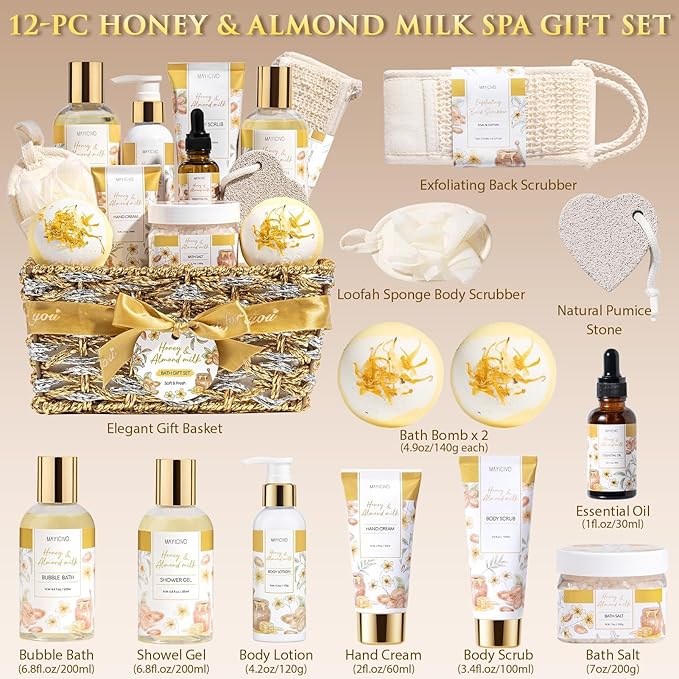 Christmas Birthday Gifts for Women, Honey & Almond Milk Relaxing Spa Gift Baskets for Women Self Care Package Bath Gift Set, Home Bath and Body Kit Pamper Gifts for Womens Mom Her Friends Sister Wife