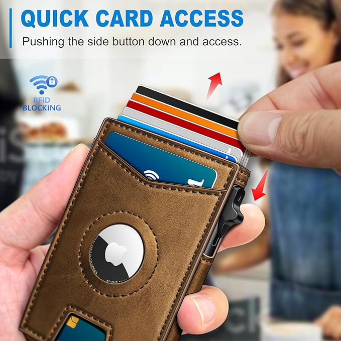 Airtag Wallet for Men,with Money Clip Gift Boxed,Slim Front Pocket Wallet RFID Blocking Metal Case Smart Pop-up Credit Card Holder in Magnetic Leather Flip