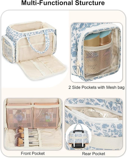 Travel Makeup Bag, Lightweight Wide-open Toiletries Bag for Women, Large Cosmetic Organizer Bag with Makeup Brushes Compartment for Travel-Sized Essentials for Trip, Camping - Blue Flower