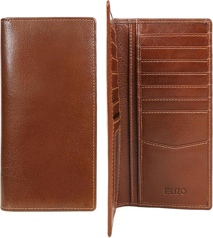 ELIZO Men's Genuine Leather Long Wallet - RFID Blocking Rodeo Checkbook Wallet | Slim Western Bifold Wallet with 16 Card Slots, ID Window | Top Grain Leather Cowboy Wallet
