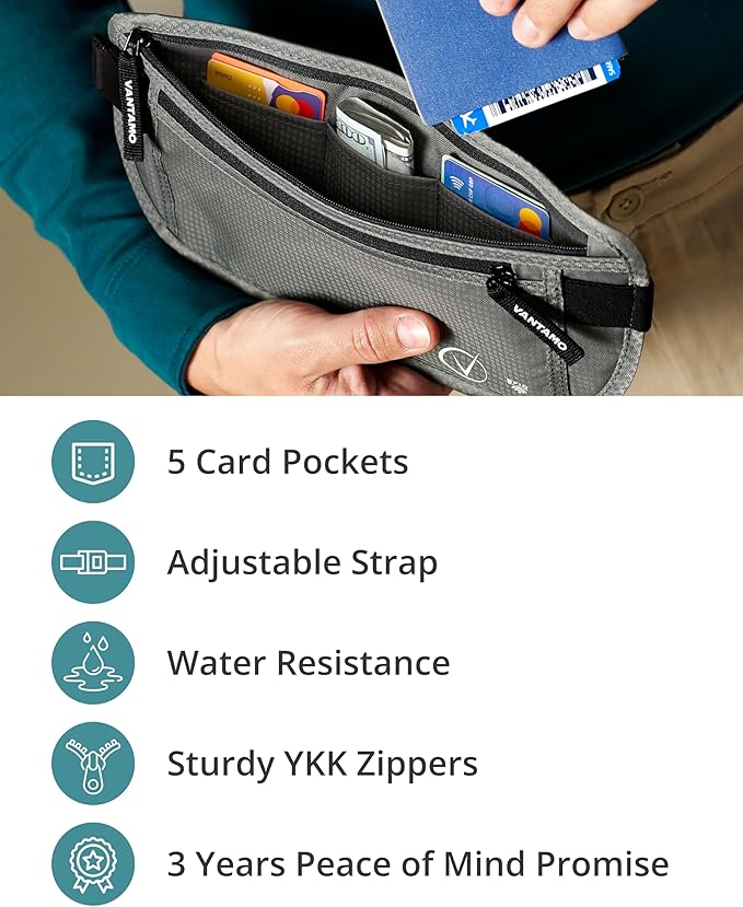 Vantamo Money Belt with RFID For Men & Women, Hidden Passport Holder for Travel, 2 Compartment Travel Fanny Pack for Women Anti Theft