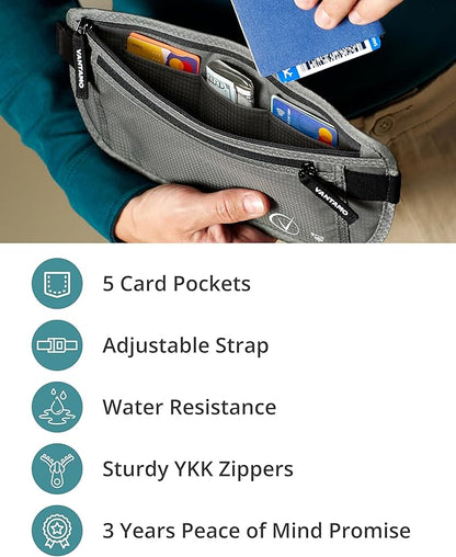 Vantamo Money Belt with RFID For Men & Women, Hidden Passport Holder for Travel, 2 Compartment Travel Fanny Pack for Women Anti Theft