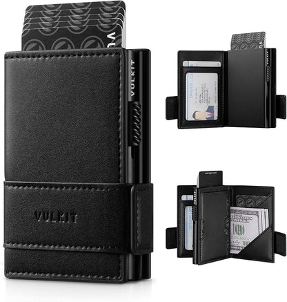 VULKIT Card Holder Bifold Pop Up Leather Wallet for Men RFID Blocking Metal Card Case, Holds 9 Cards and Banknotes Black