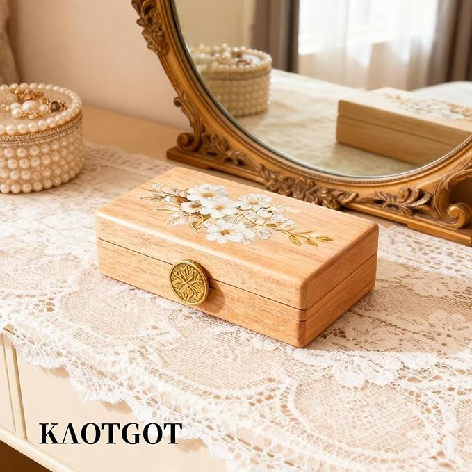 Travel Jewelry Case Small Wood Jewelry Organizer Jewelry Box for Women (Pine Wood Print B)