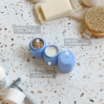 Cadence Travel Containers - Body Care Capsule Set - Magnetic Containers with Lids,Carry On Travel Essentials for Women/Men - 3 Flex Mediums (1.32oz) - Body Wash, Lotion & Sun Icon Labels - Pacific