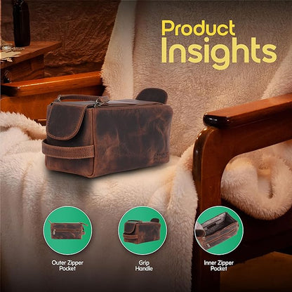 Hammonds Flycatcher Genuine Leather Travel Toiletry Bag for Men and Womens Makeup Bag Organizer, Grooming and Shaving Essentials- Mens Dopp Kit for Travel - Large Cosmetic Bags for Women - Vintage Tan