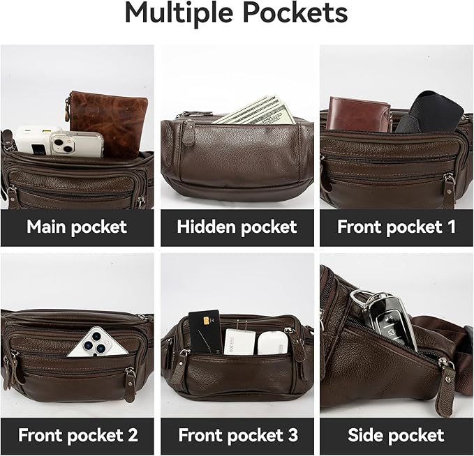 Brown Leather Fanny Pack for Men & Women,Fashionable Multi-Pockets Waist Belt Bag for Travel Sports Hiking Cycling Fishing Running