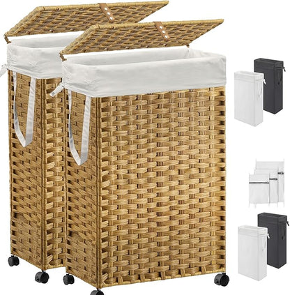70L Slim Laundry Hamper with Lid & Wheels, 2-Park Rolling Laundry Basket with 4 Removable Liner Bags & 3 Mesh Bags, Narrow Dirty Clothes Basket, Foldable Handwoven Rattan Laundry Sorter, Natural