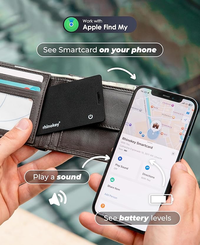 Rhinokey® Wallet Tracker Card,(Android Only) 0.07in Slim Rechargeable Airtag Card Tracker, Works with Google's Find Hub, IP68 Waterproof Tag, Item Finder with Key Chain Hole for Luggage Tags Purse