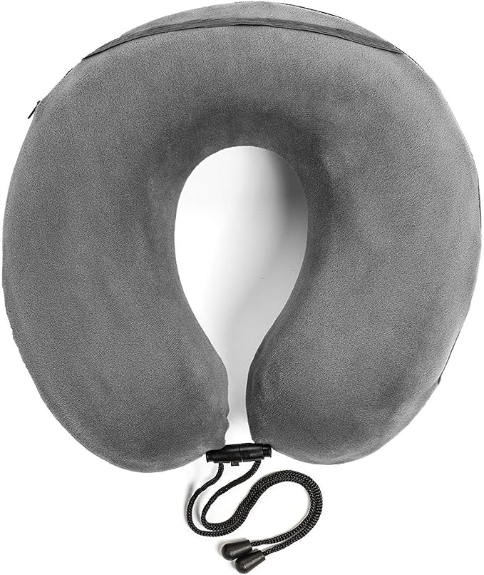 TRAVELREST Travel Essential Neck Pillow - Memory Foam, Washable Micro-Fiber Cover, Soft and Comfortable Head Support for Long Flights, Compact, Attaches to Luggage, Airplanes, Cars, Bus - (Grey, Curl)