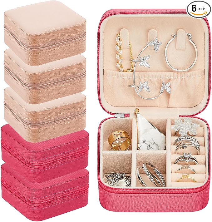 Taiyin 6 Pcs Travel Jewelry Case Box Bridesmaid Gifts Bulk Travel Jewelry Cases Boxes Small Jewels Organizers Mini Accessories Ornaments Storage for Women Girls Wedding Gifts (Pink,Rose Red)