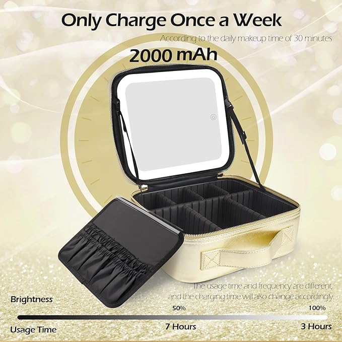 MOMIRA Travel Makeup Bag Cosmetic Bag Makeup Organizer Bag with Lighted Mirror, Adjustable Brightness in 3 Color Scenarios, Waterproof Makeup Train Case, Gift for Women - Golden