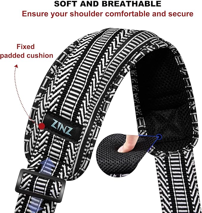 ZINZ 74" Shoulder Strap with Fixed Pad and Dual Balanced Buckles，Black White Jacquard