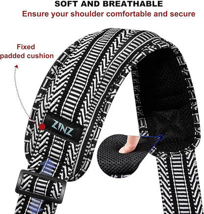 ZINZ 74" Shoulder Strap with Fixed Pad and Dual Balanced Buckles，Black White Jacquard