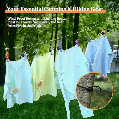 Travel Clothesline Retractable Portable Clothesline with 12 Clips Portable Elastic Camping Clothes Line with Anti-Slip Beads & Stainless Hooks for Hotel, RV, Boat, Outdoor Use (2 Pack)