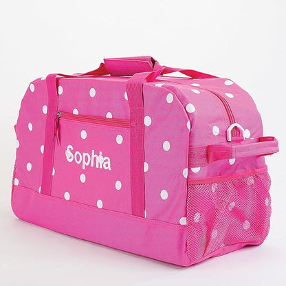 Lillian Vernon Personalized Duffel Bag for Kids, Roomy Pink & White Dots Weekender With Front & Side Compartment, Customizable Girls Sports & Travel Bags With Custom Name, 9" x 10.5" x 19"