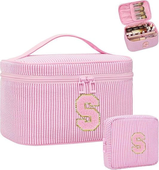 MONSTINA Initial Makeup Bags for Women|Cosmetic Bag for Travel Toiletry - Birthday Gifts for 11 12 13 14 15 16 17 18 Years Old Girls- Graduation Teen Girl Gifts Trendy Stuff Teacher Gift,Pink S