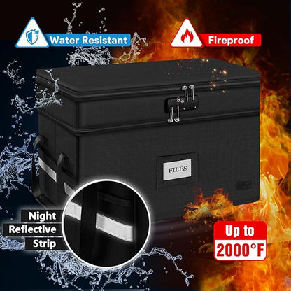 ETRONIK Large Fireproof Document Box with Lock, 2 Layer File Organizer, Portable Office Collapsible File Storage with Reflective Strip for Hanging Letters, Legal Size Folder, Certificate