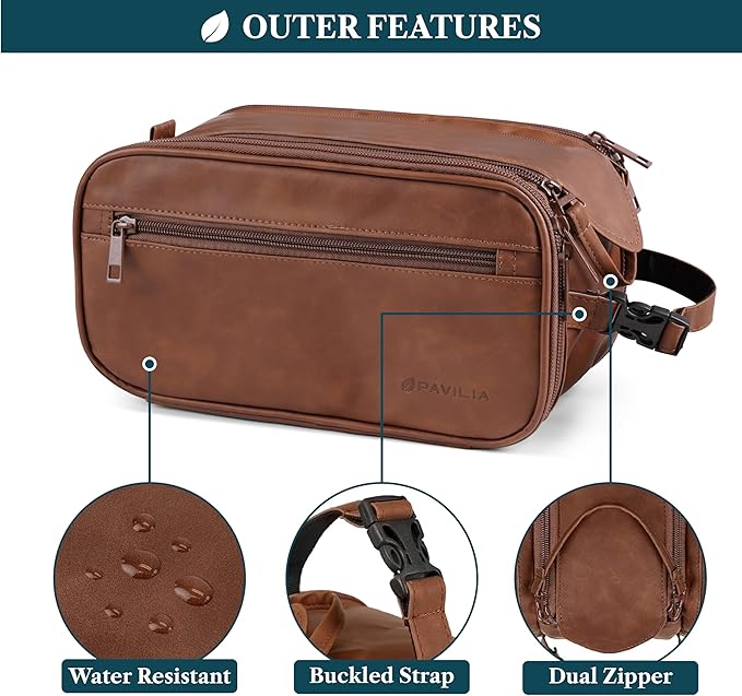 PAVILIA Toiletry Bag for Men Women, Mens Travel Bag Toiletries Organizer Case for Grooming, Travel Essentials Shaving Dopp Kit, PU Leather Water Resistant Cosmetic Pouch, Brown