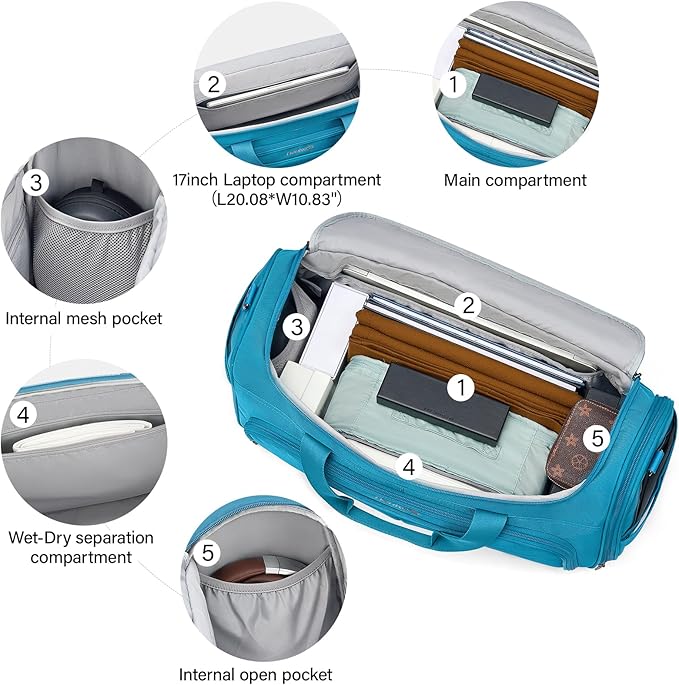 Hanke Carry On luggage Bags for Travel, Large Foldable Duffle Bag for Travel, Softside Lightweight Travel Bag Carry On Bags for Airplanes Women, Travel Tote Bags for Women Men.(Caribbean Blue)