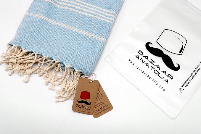 Bazaar Anatolia Slim Line Turkish Towel 100% Cotton Peshtemal Beach Towel 76x38 Thin Lightweight Travel Camping Bath Sauna Gym Pool Blanket Quick Dry Towels (Turquoise) - Made in Turkiye