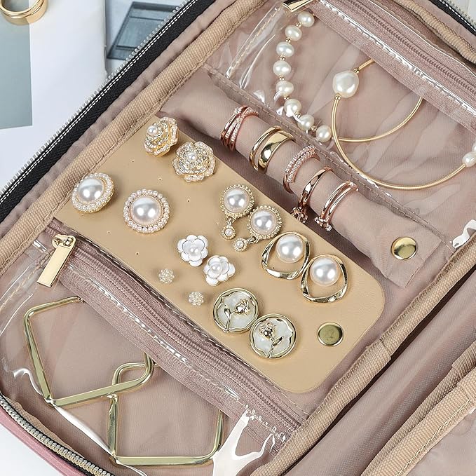 NISHEL Travel Jewelry Case, Holiday Organizer for Necklaces, Earrings, Rings, Bracelets, Watch, Rosewood-Pink