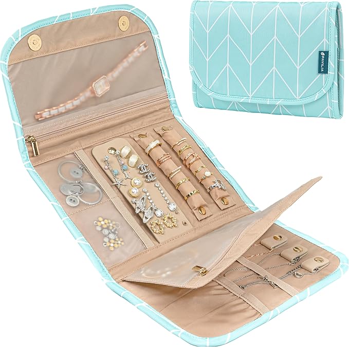 Pavilia Foldable Jewelry Organizer - Travel Roll Bag with Compartments for Earrings, Rings, Necklaces, Bracelets - Packing Accessory