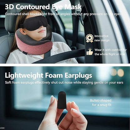 Proglobe Pink Airplane Travel Pillow Set, 100% Pure Memory Foam Neck Pillow, Updated Material, Long Flight Travel Kit with 3D Contoured Eye Masks, Earplugs, and Luxury Bag