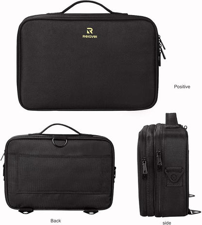 Relavel Makeup Bag Travel Makeup Train Case 13.8 inches Large Cosmetic Case Professional Portable Makeup Brush Holder Organizer and Storage with Adjustable Dividers and Shoulder Strap Black