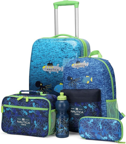 Nautica Kids Luggage - 18" Airline Approved Rolling Hardside Upright Carry-on Suitcase Set with Wheels (Submarine Journey | 5pc School Set)