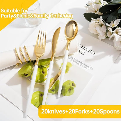 MirthMood 60 PCS Gold Plastic Silverware,Gold Silverware Disposable,Disposable Utensils Heavy Duty,Plastic Cutlery Set,Includes:20 Knives, Forks and Spoons for Party, Birthday,Wedding