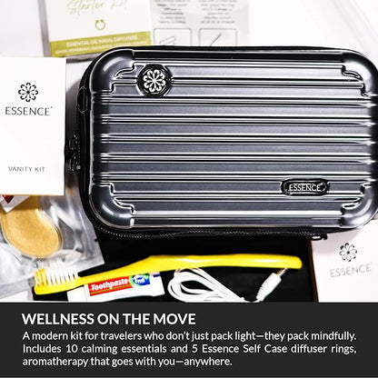 Essence Travel Amenity Kit - Compact Wellness Organizer with 5 Nasal Diffusers + 9 Traveler Comfort Essentials for Flights, Hotels & Adventures - Wearable Aromatherapy Self-Care On the Go