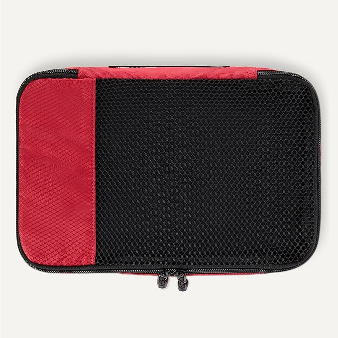 Amazon Essentials 4-Piece Packing Cubes Travel Accessories Set, Luggage Organizer with Double Zipper, Mesh Top, 100% Polyester, Small, Red (Previously Amazon Basics)