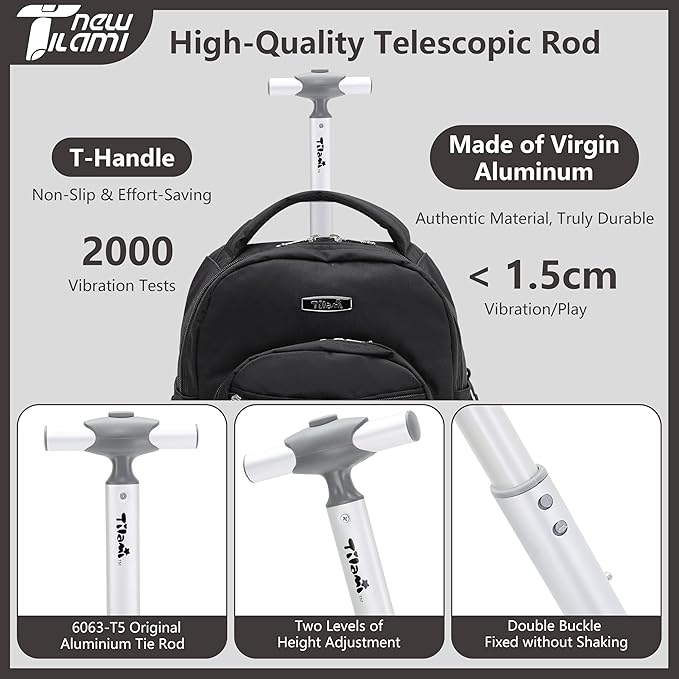 NEW TILAMI Rolling Backpack 16 Inch Wheeled Laptop Backpack with Wheels for Girls Boys School, Black