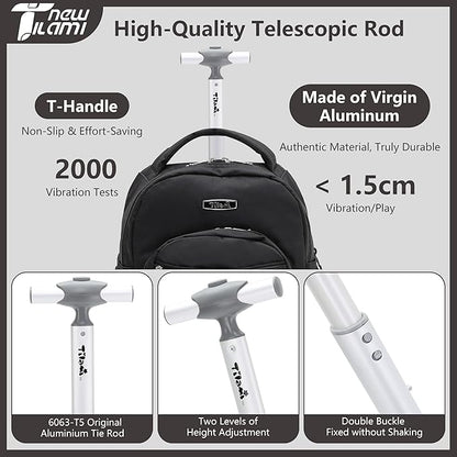 NEW TILAMI Rolling Backpack 16 Inch Wheeled Laptop Backpack with Wheels for Girls Boys School, Black