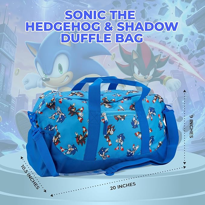 Sonic The Hedgehog & Shadow Duffle Bag, 16 inch Travel Sleepover Weekender Bag for Girls & Boys, Blue