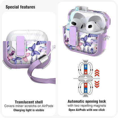 WENEW Case for AirPods 3 Case Cover Secure Lock Automatic Snap Switch Clip Cleaner Kit Lanyard Women Stylish Flower Armour Hard Shell Full Body Front LED Visible (Purple Butterfly, AirPods 3rd)