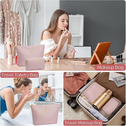 Women Gifts | Initial Makeup Bag Set for Girl Personalized Gifts for Bridesmaid Friend Graduation Teachers PU Leather Cosmetic Travel Toiletry Bag(Pink,P)
