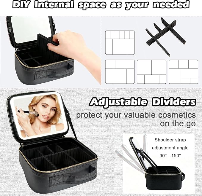 Travel Makeup Bag with Light Up Mirror, Portable Makeup Bag with Led Light Women Waterproof Makeup Travel Case adjustable dividers Rechargeable Vanity Mirror with 3 Color Lights (NO Shoulder Strap)