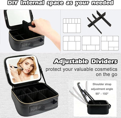 Travel Makeup Bag with Light Up Mirror, Portable Makeup Bag with Led Light Women Waterproof Makeup Travel Case adjustable dividers Rechargeable Vanity Mirror with 3 Color Lights (NO Shoulder Strap)