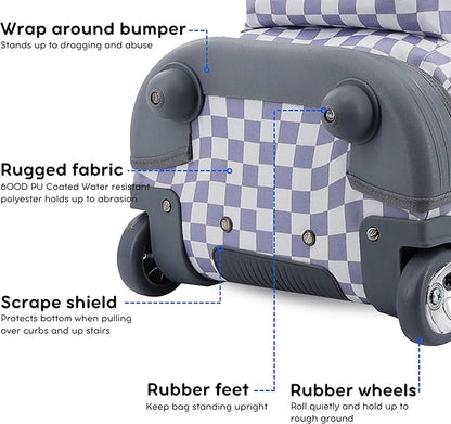 J World Sundance Laptop Rolling Backpack for Girls Boys. Roller Bookbag with Wheels, Lavender Checkers