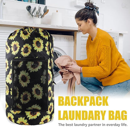 Laundry Bag Backpack, 2PCS Extra Large Travel Laundry Bag with Mesh Pocket & Adjustable Shoulder Straps,Dirty Clothes Travel Bag for College Students Dorm,Apartment(Sunflower)