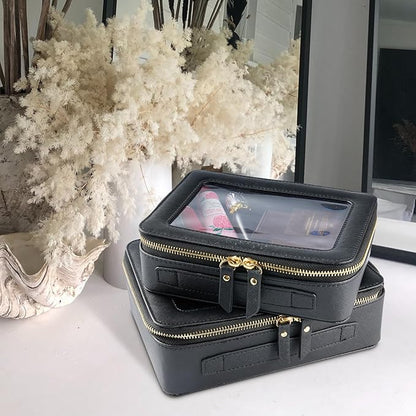 Aveniee Clear Makeup Bag Set,Portable Travel Toiletry Bag Cosmetic Case for Women,Vegan Leather Make Up Pouch Organizer Car Bag for Essentials 2pcs,Middle & Large,Black