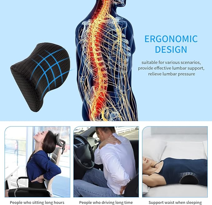 Lumbar Pillow, Memory Foam Lumbar Support Pillow for Office Chair and Car Seat, Back Support Pillow for Lower Back Pain Relief, Support Cushion Back Pillow for Sleeping, Resting, Driving, Traveling